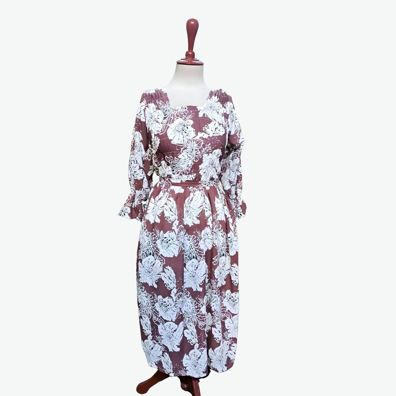 Brown & White Large Floral Print Dress
