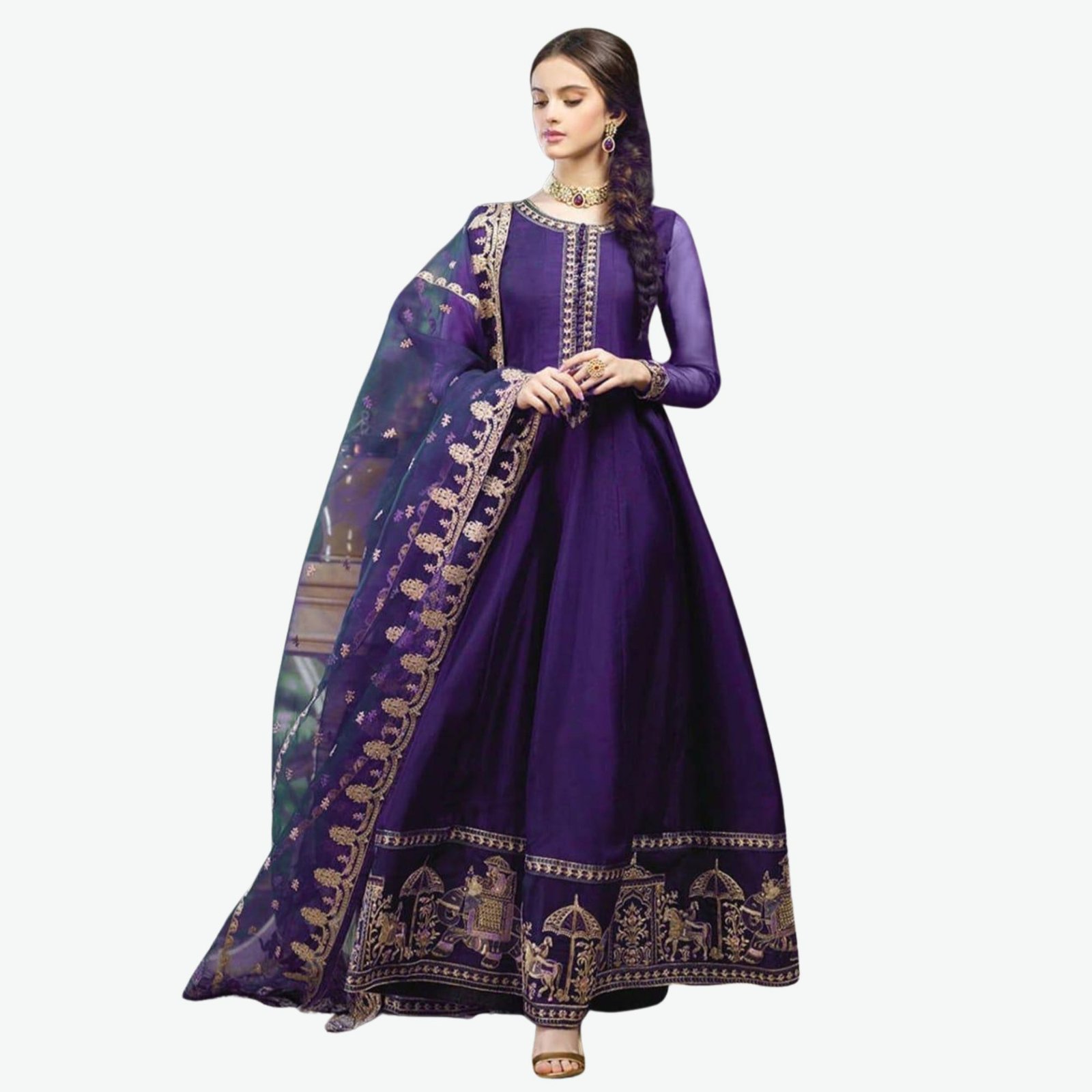 Heavily Embroidered Maxi Gown with Motif Border & Dupatta - Image 3
