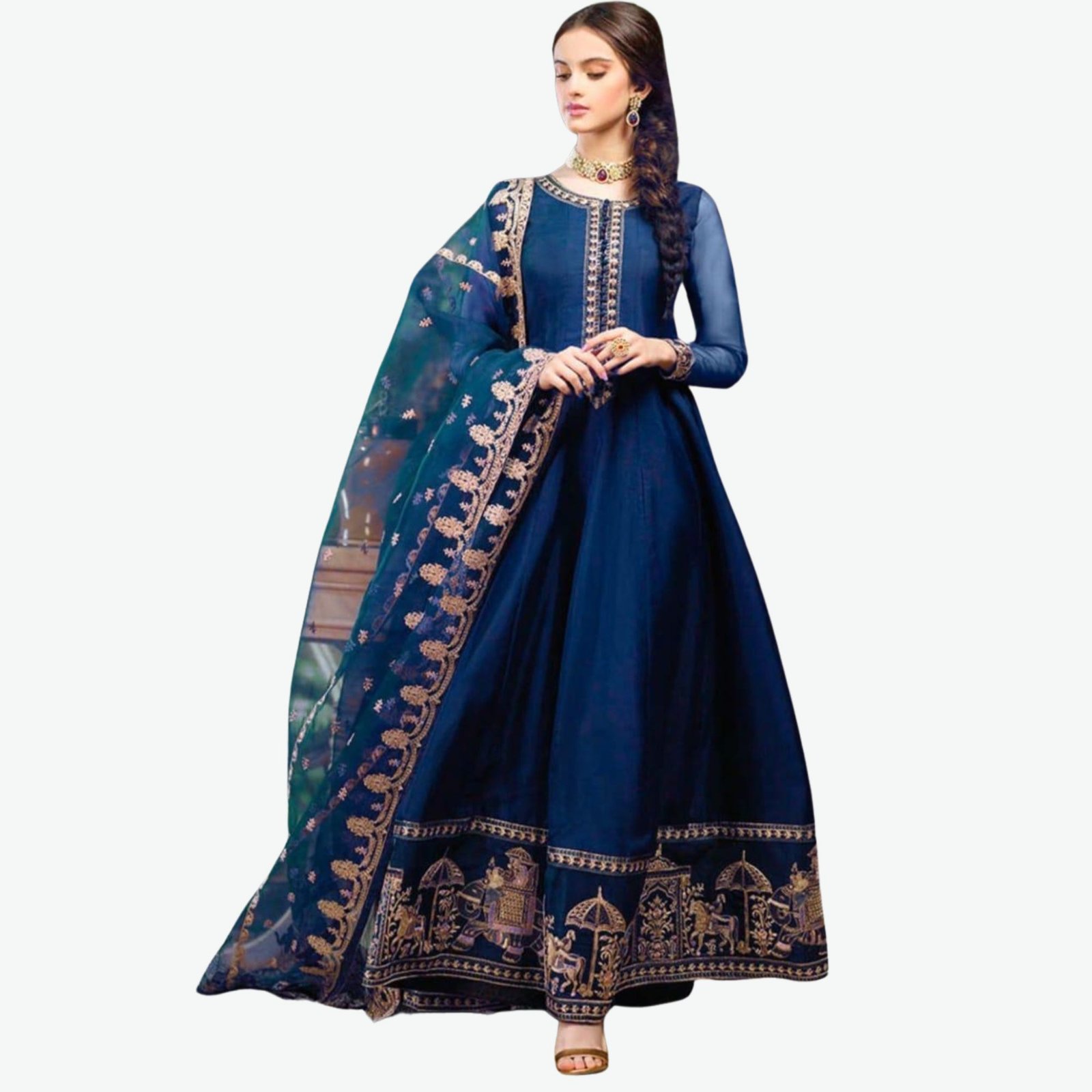 Heavily Embroidered Maxi Gown with Motif Border & Dupatta - Image 4