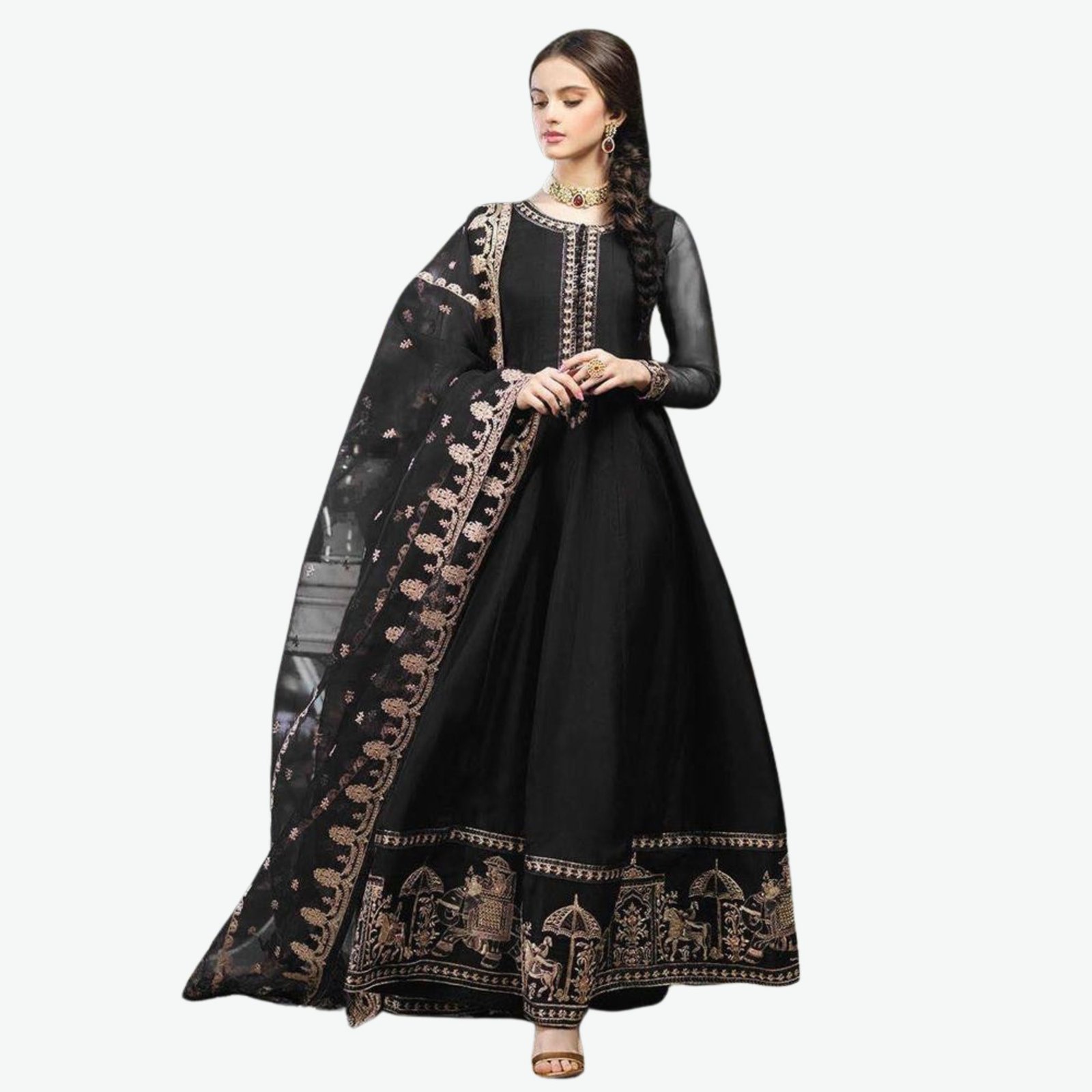 Heavily Embroidered Maxi Gown with Motif Border & Dupatta