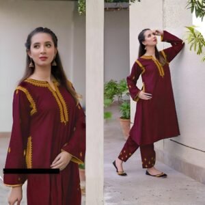 Luxurious Maroon Velvet Embroidered 2-Piece Winter Suit