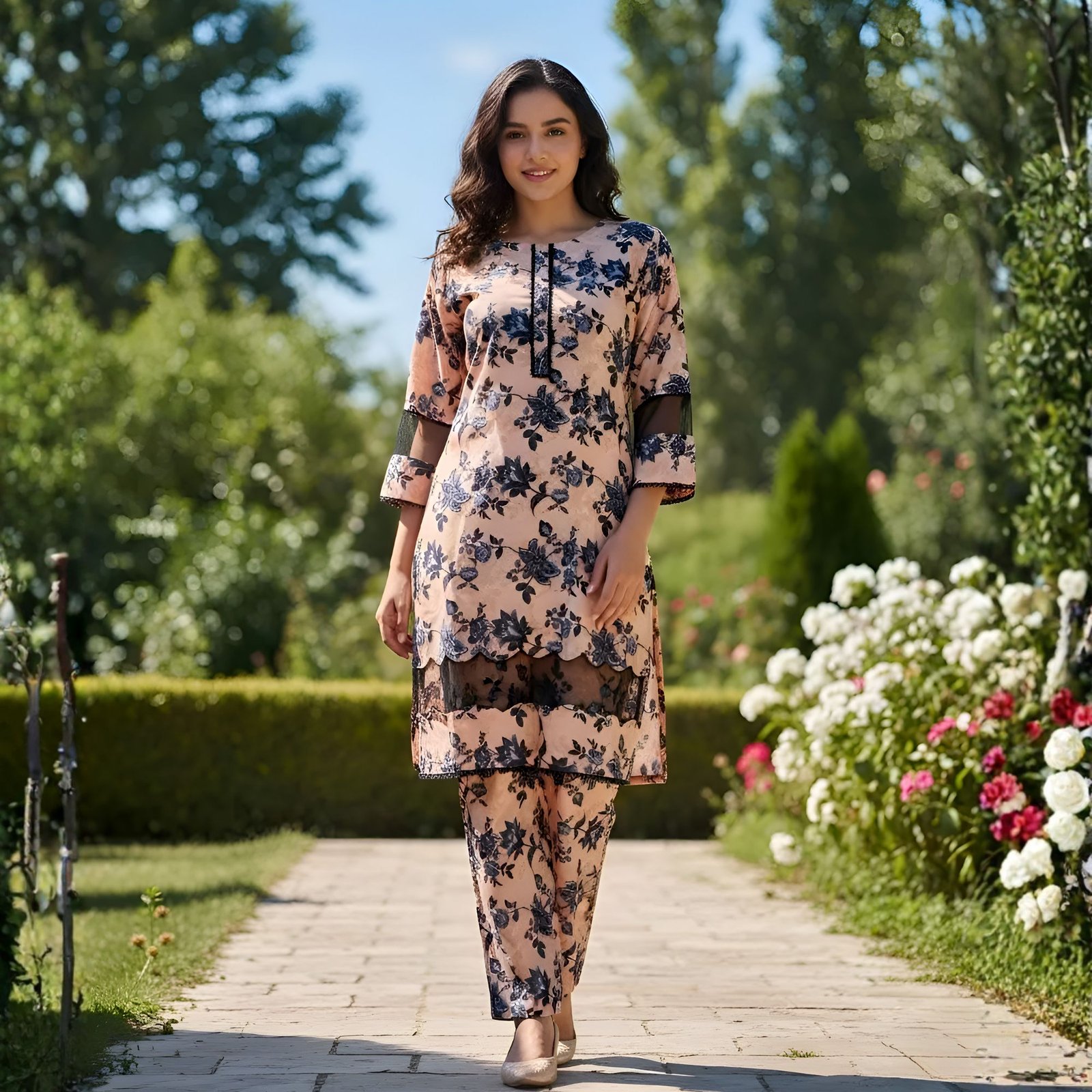 Peach & Navy Floral Print Digital Silk 2-Piece Suit