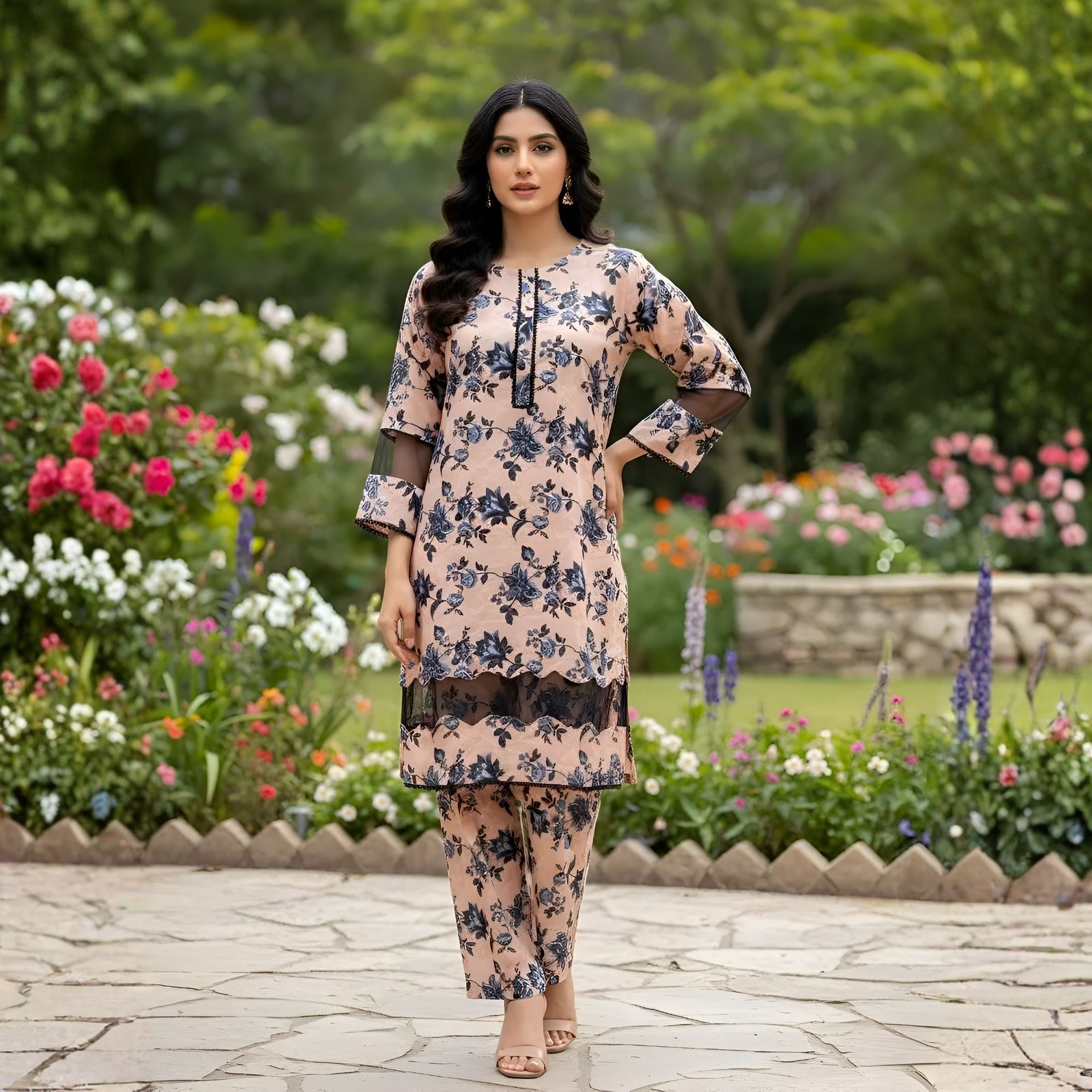 Peach & Navy Floral Print Digital Silk 2-Piece Suit - Image 2