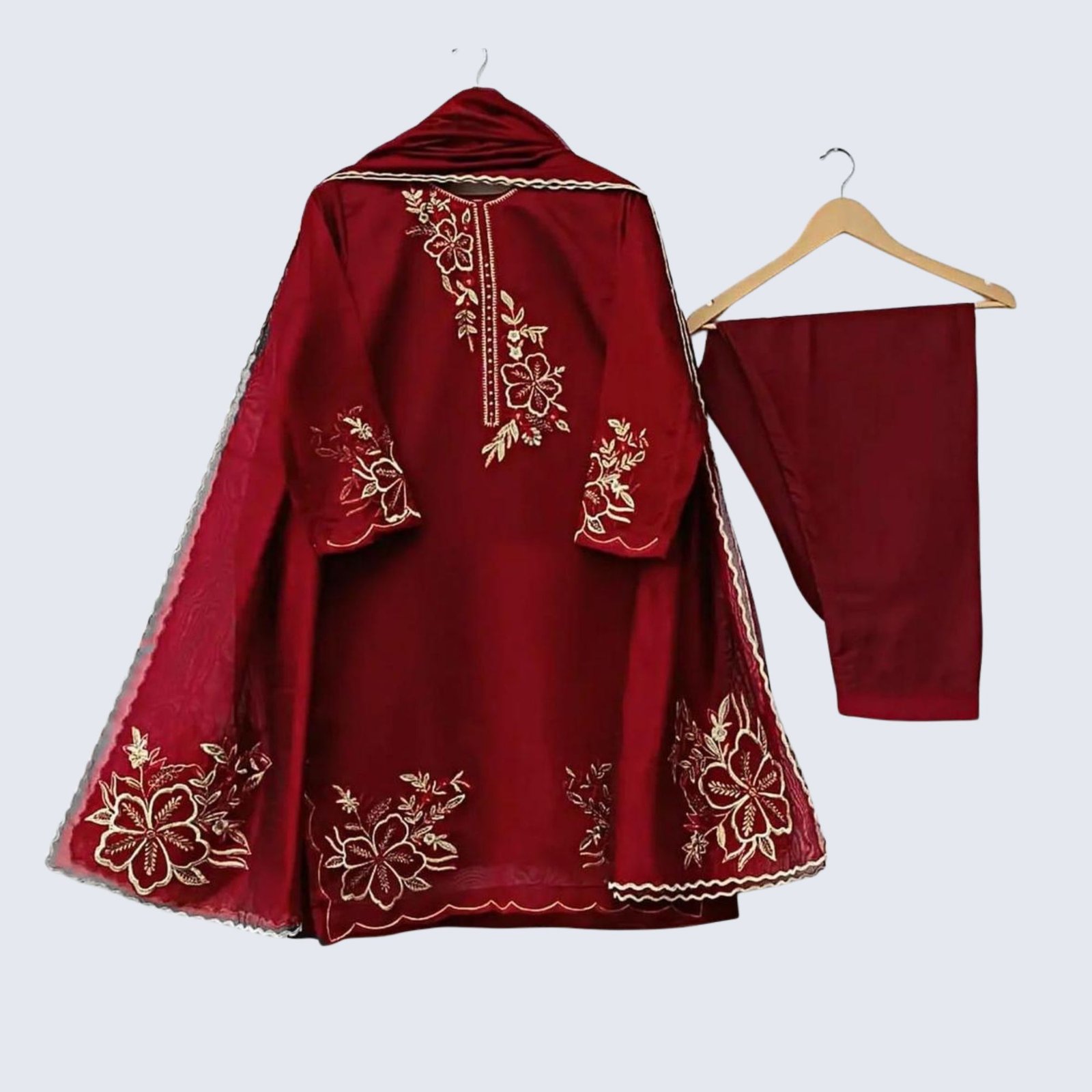 Regal Maroon Embroidered 3-Piece Silk/Chiffon Suit
