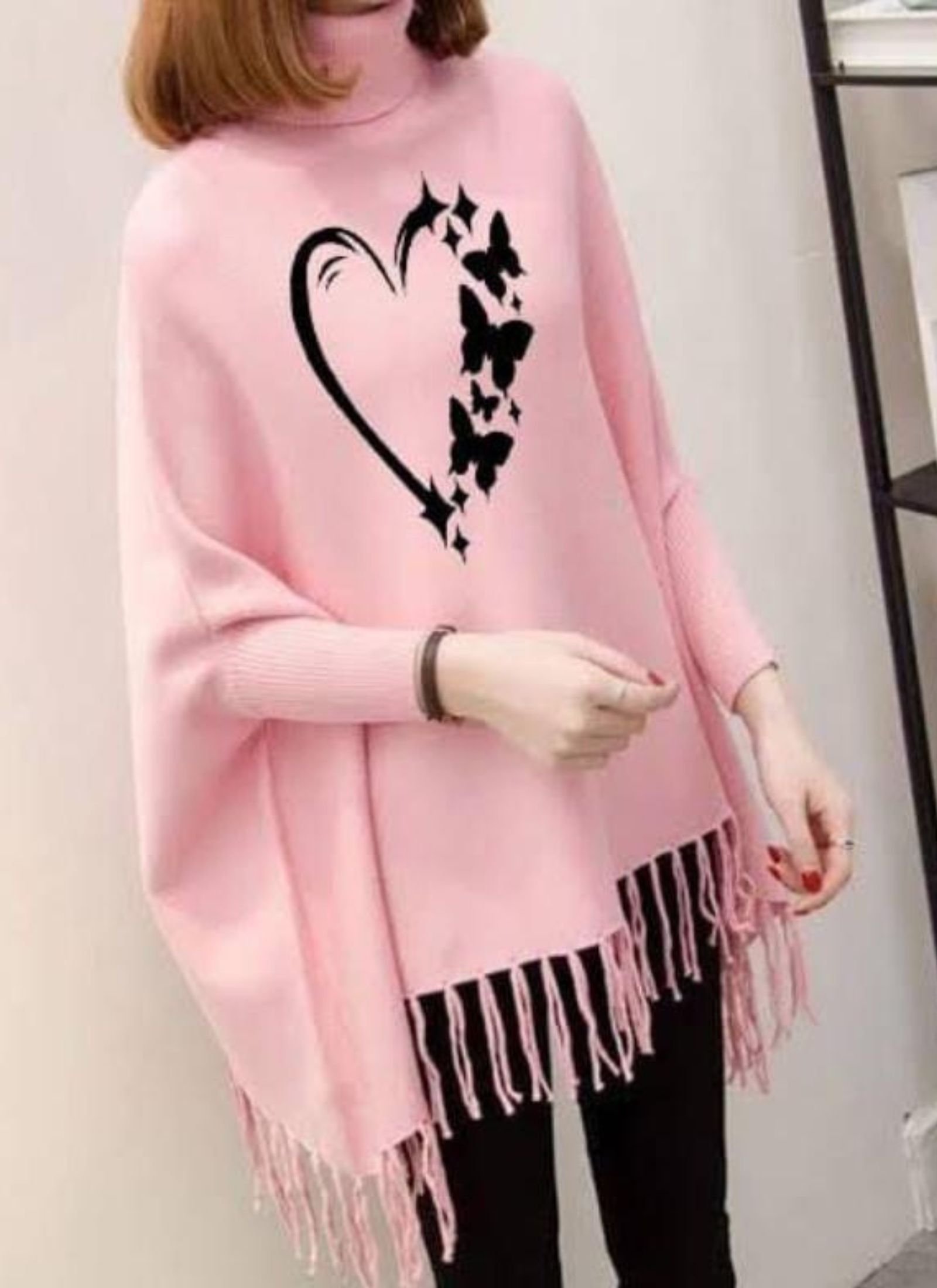 Cozy Knitted Turtleneck Poncho with Graphic Print and Fringe - Image 2
