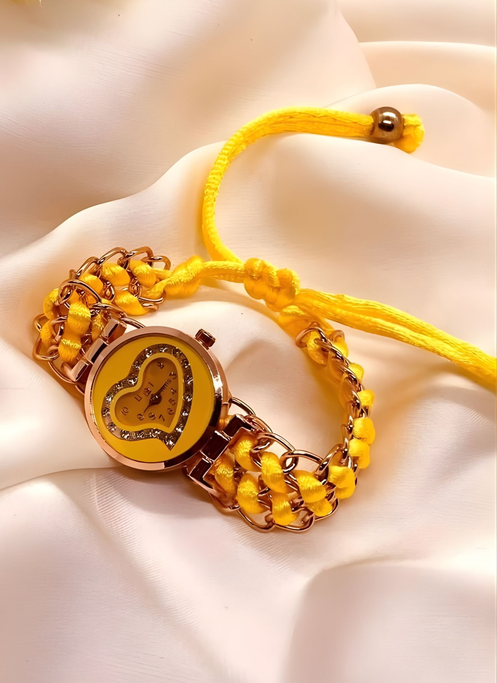 Fashion Yellow Chain-Woven Strap Watch with Heart Face
