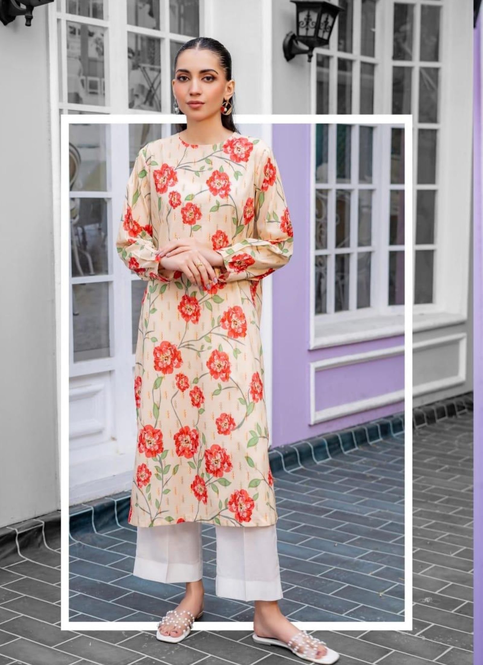 Vintage Cream/Beige Kurti with Red Floral Print